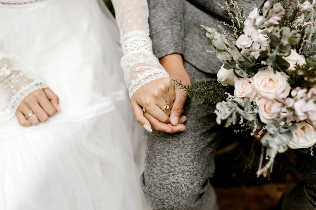 a bride and groom holding hands and wearing their rings