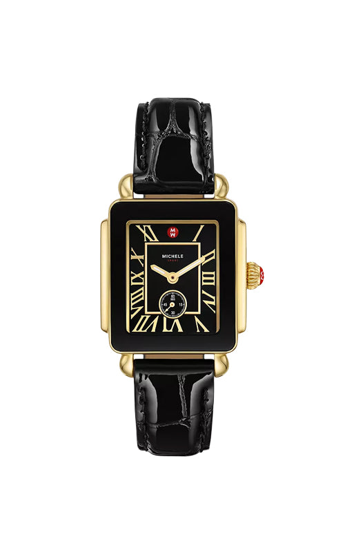 Michele Deco Sport Mid Gold-Plated Noir Leather Watch MWW06H000004