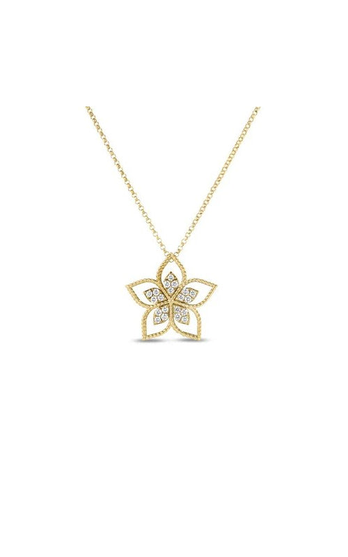 Roberto Coin 18k Yellow Gold .08ctw Round Medium Diamond Open Flower Necklace with 17" Chain 777368AY17X