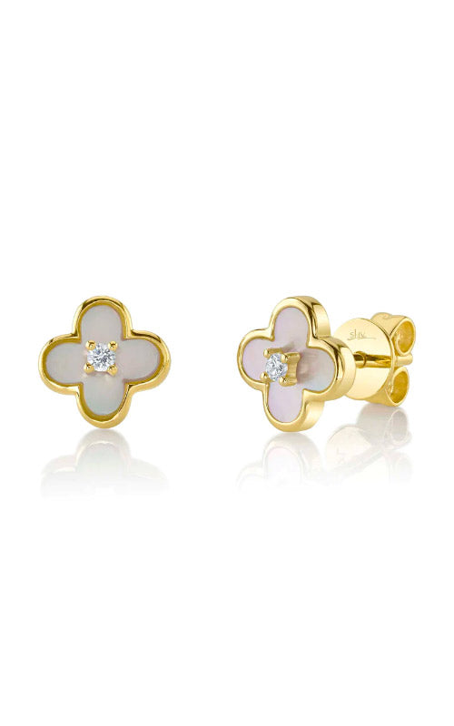 Shy Creation 14k Yellow Gold .59ctw Mother of Pearl and .04ctw Clover Stud Earrings SC55025603