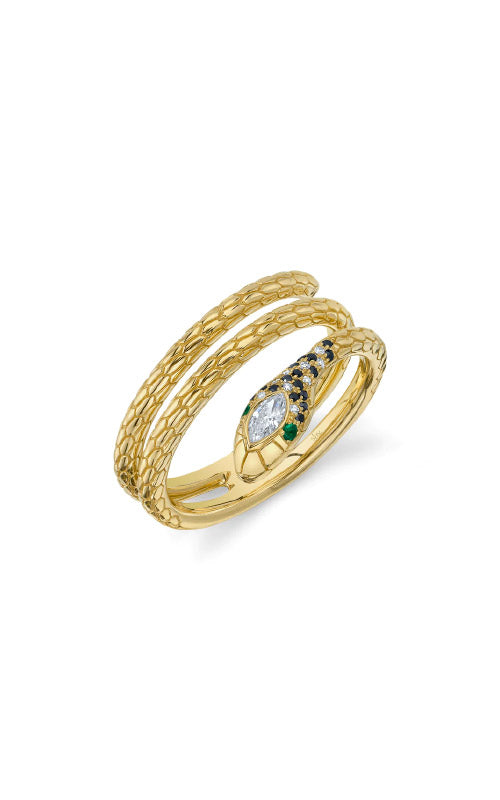 Shy Creation 14k Yellow Gold .19ctw Black White Diamond and Emerald Snake Ring SC55023421