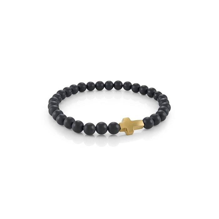 Italgem Junior Stainless Steel Gold IP Onyx 8'' 6mm Brushed Cross Bracelet BB-453-GO-8