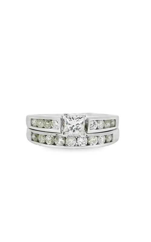Albert's 14k White Gold .35ct Princess Cut Center Diamond .66 Round Diamond Engagement & Wedding Band Set 383928A/TRADJ02973