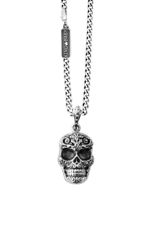 King Baby Sterling Silver Carved Baroque Skull Necklace with 24" Chain K10-5354