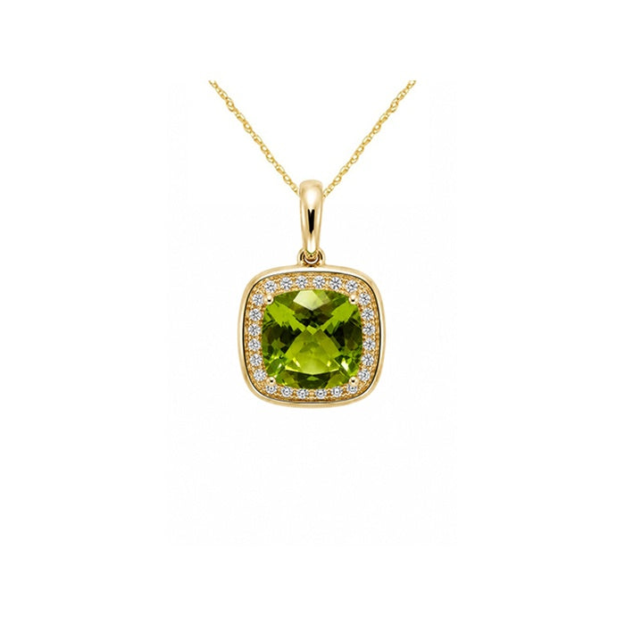 Albert's 14k Yellow Gold 1.45ct Peridot Cushion and .08ctw Diamond Necklace with 18" Chain C4060X
