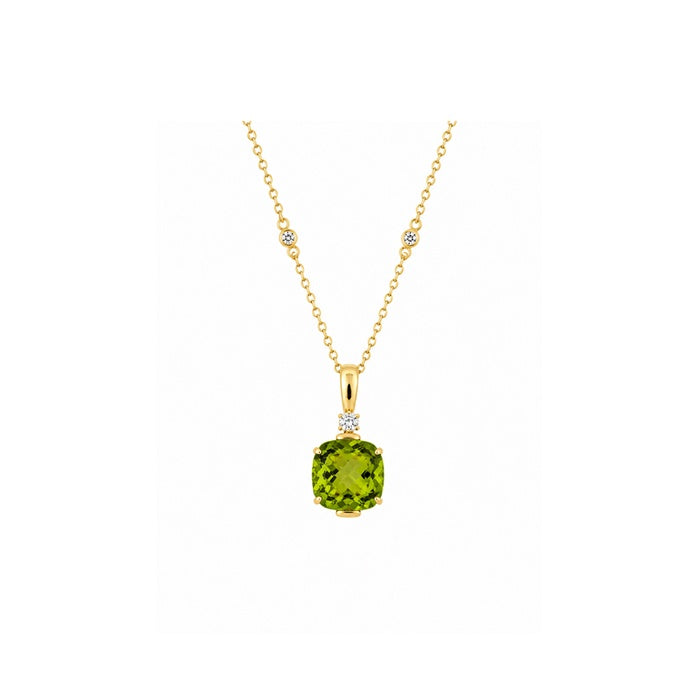 Albert's 14K Yellow Gold 1.66ct Peridot Cushion Shape and .07ct Round Diamond Necklace P2412487