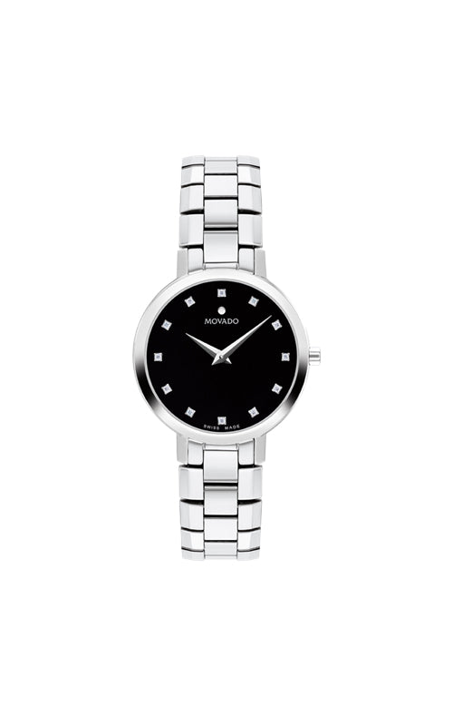 Movado Faceto 28mm Stainless Steel Black Diamond Watch 0607866