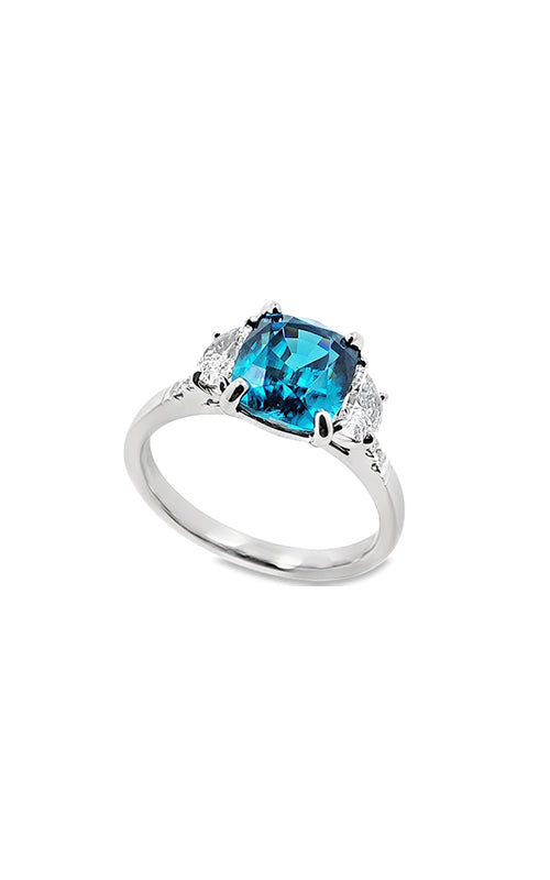 Ashley Lauren 14k White Gold 3.30ct Cushion Blue Cambodian Zircon .43ctw Half Moon and .04ctw Round Diamond Ring ER12792-C332A