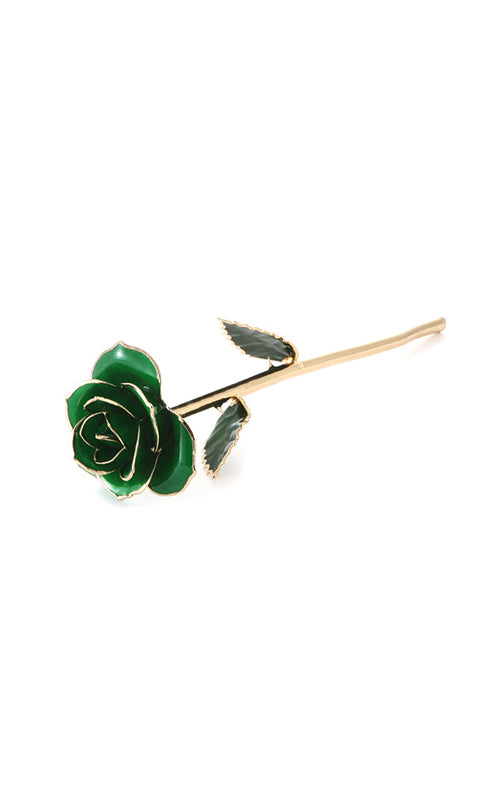 Albert's Lacquer Dipped Gold Trimmed Dark Green Rose With Box and Stand D-12