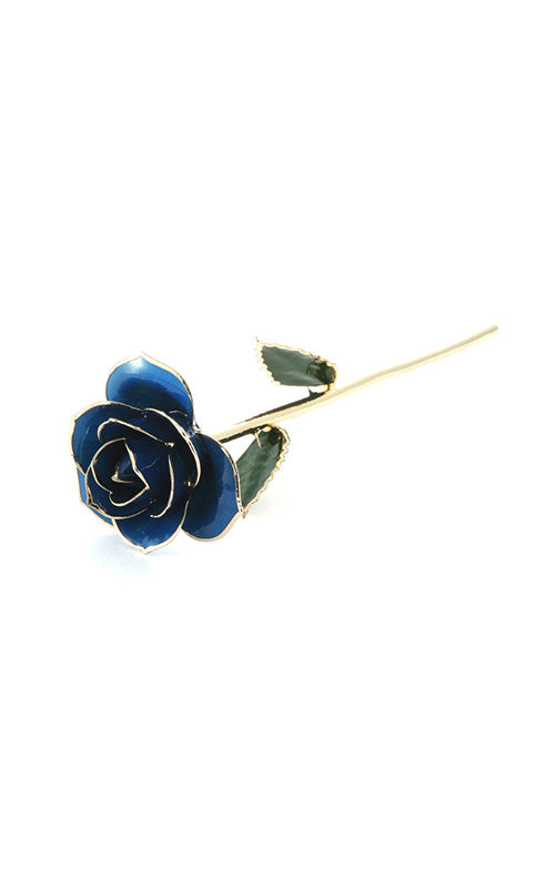 Albert's Lacquer Dipped Gold Trimmed Dark Blue Rose With Box and Stand D-2