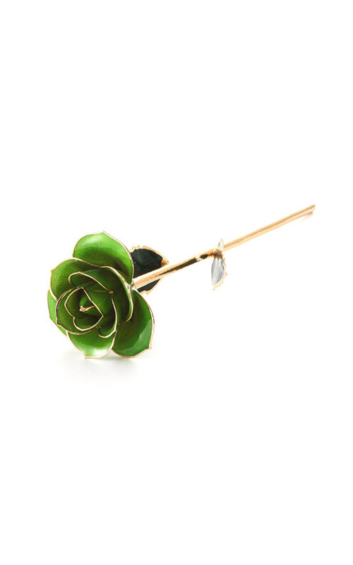 Albert's Lacquer Dipped Gold Trimmed Light Green Rose With Box and Stand D-7