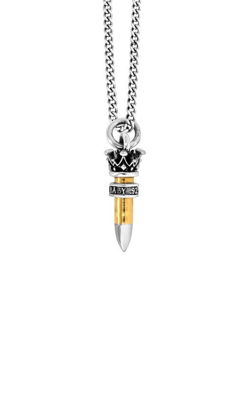 King Baby Sterling Silver and Brass Alloy .22 Caliber Bullet Necklace with 24" Curb Chain K10-9112