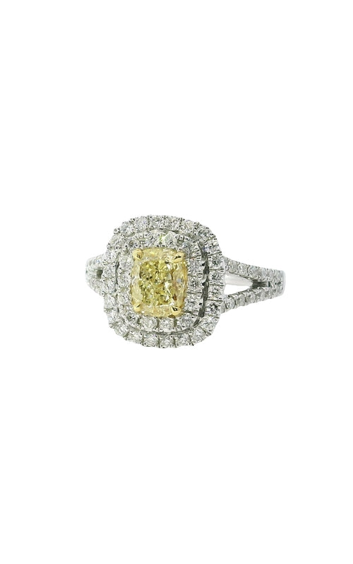 Albert’s 18K White & Yellow Gold 1.00CT Cushion Fancy Light Yellow .62CTW Round Halo Diamond Engagement Ring ER8496-CU106A