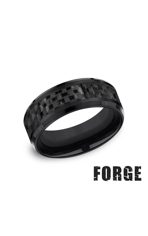 Benchmark Men's Black Titanium Forge Carbon Fiber Center Beveled Edges Wedding Band Size 10 CF68900CFBKT10