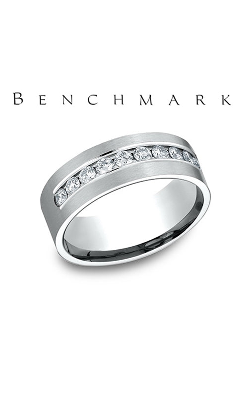 Benchmark Men's 14K White Gold 8MM .72CTW Round Diamond Satin Wedding Band CF52853014KW10