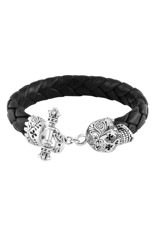 King Baby 8.75" Braided Black Leather Bracelet with Small Day of the Dead Skull Clasp K42-5146
