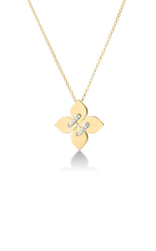 Roberto Coin 18k White and Yellow Gold Venetian Princess .07ctw Filo Medium Flower Necklace with 17" Diamond Cut Rolo Chain 8883713AJ17X