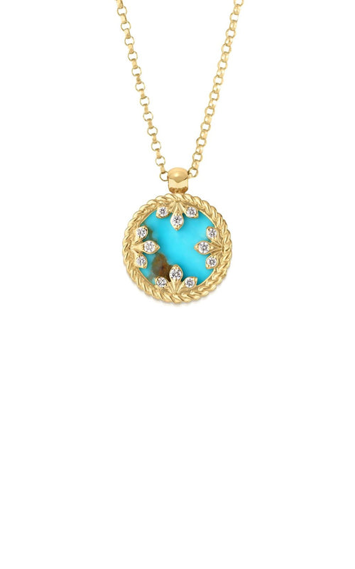 Roberto Coin 18k Yellow Gold Venetian Medallions .05ctw Diamond and 2ctw Turquoise Necklace with 17" Diamond Cut Rolo Chain 8883531AY17XT