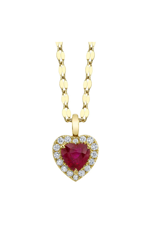 Shy Creation 14k Yellow Gold 18" .62ct Heart Shaped Ruby and .12ctw Diamond Necklace SC41002350