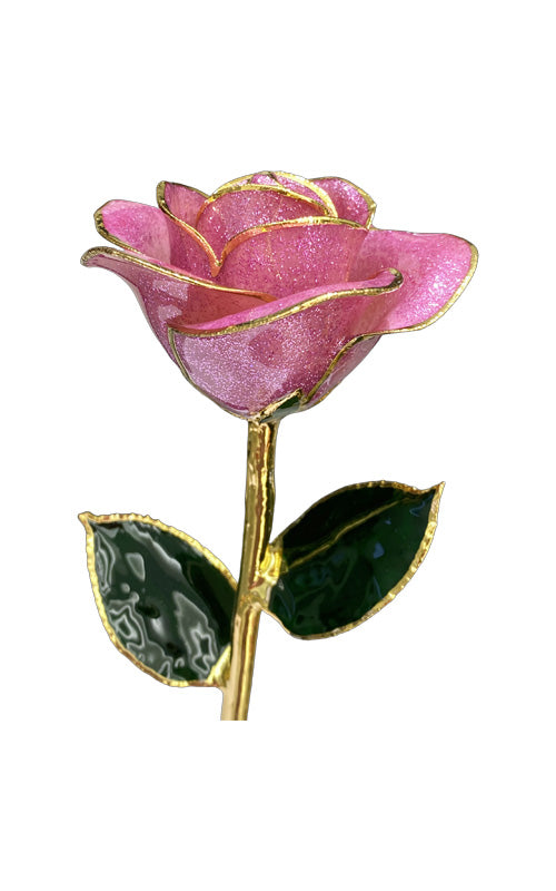 Albert's Lacquer Dipped Gold Trimmed Pink Purple Starburst Rose With Box and Stand DY-5B-A-AU-59