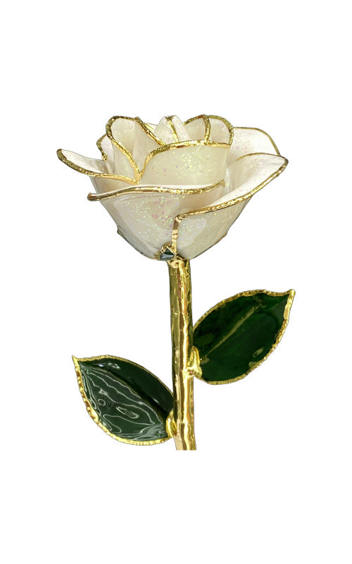 Albert's Lacquer Dipped Gold Trimmed Crystal White Rose With Box and Stand