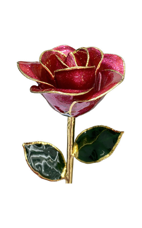 Albert's Lacquer Dipped Gold Trimmed Burgundy Starburst Rose With Box and Stand