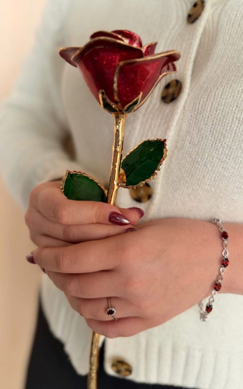 Albert's Lacquer Dipped Gold Trimmed Burgundy Starburst Rose With Box and Stand