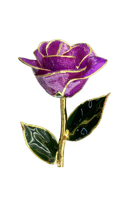 Albert's Lacquer Dipped Gold Trimmed Purple Starburst Rose With Box and Stand DY-5B-A-AU-81