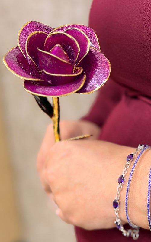 Albert's Lacquer Dipped Gold Trimmed Purple Starburst Rose With Box and Stand