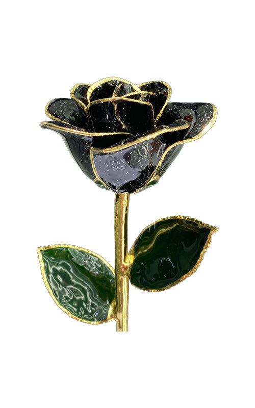 Albert's Lacquer Dipped Gold Trimmed Black Starburst Rose With Box and Stand DY-5B-A-AU-92