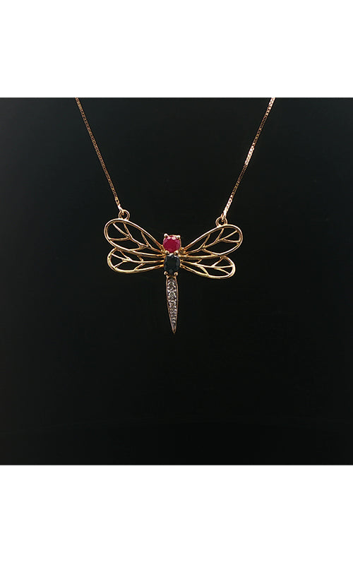Albert's Estate 14K Yellow Gold .14CT Round Ruby .18CT Round Sapphire .03CTW Round Diamond Dragonfly Necklace EPEN01801
