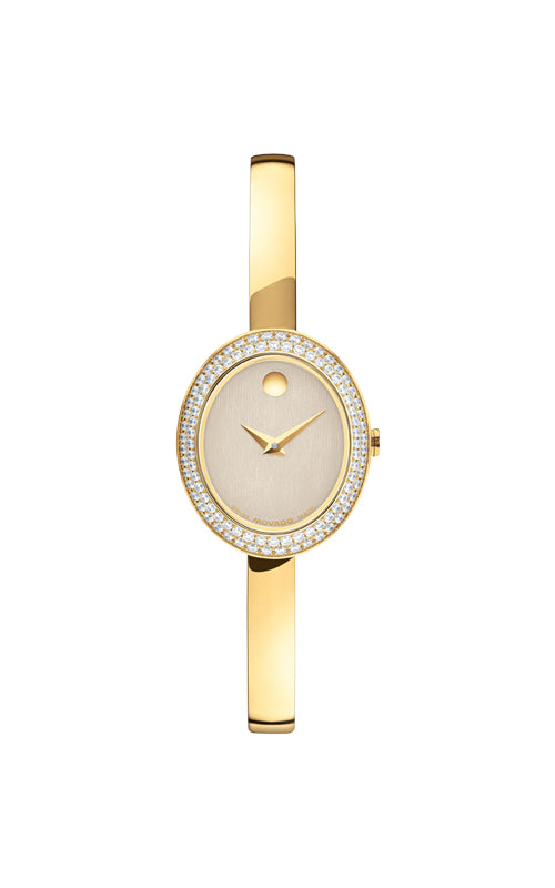 Movado Ladies' Gold Tone Lab Grown Diamond Bezel Oval Museum Bangle Watch 0608035
