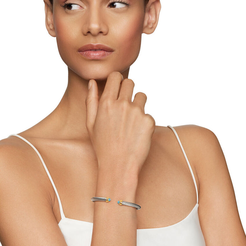 Classic Cable Bracelet in Sterling Silver with 14K Yellow Gold and Blue Topaz, 5mm