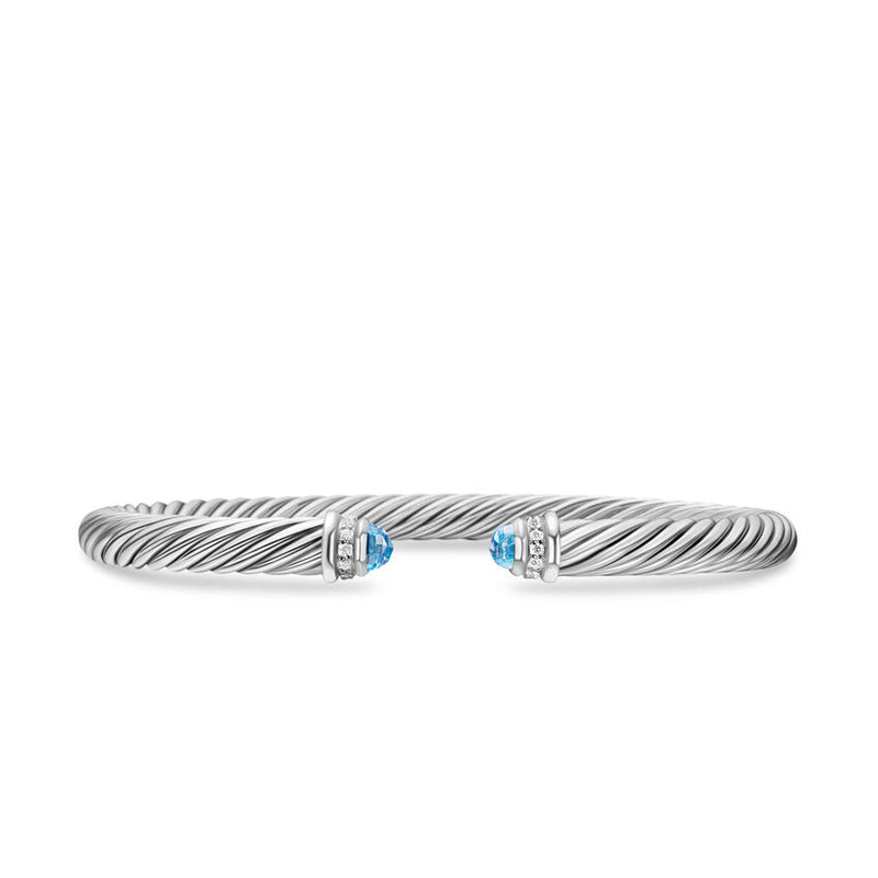 Classic Cable Bracelet in Sterling Silver with Blue Topaz and Diamonds, 5mm