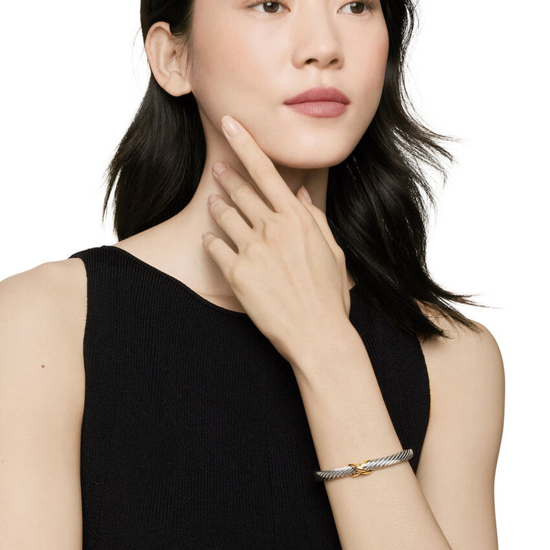 X Classic Cable Station Bracelet in Sterling Silver with 14K Yellow Gold, 7mm