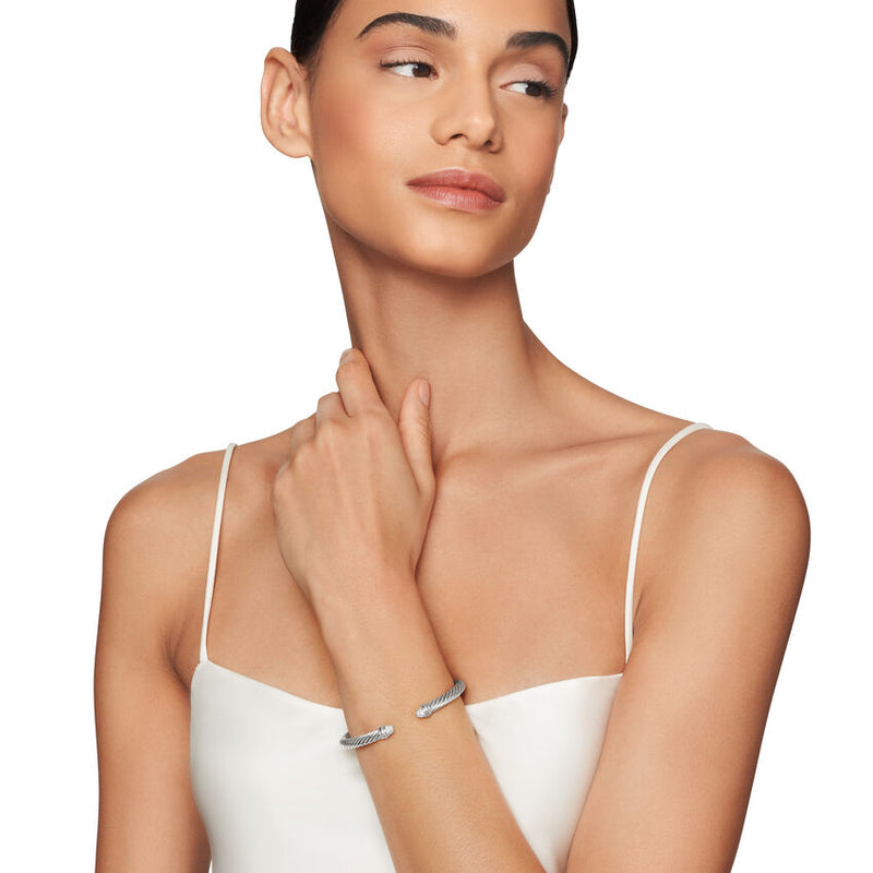 Classic Cable Bracelet in Sterling Silver with Pavé Diamond Domes, 5mm