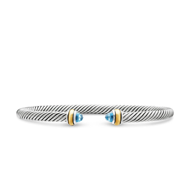 Classic Cable Bracelet in Sterling Silver with 18K Yellow Gold and Blue Topaz, 4mm
