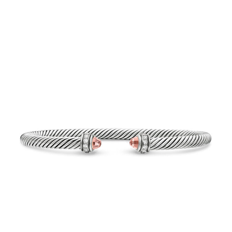 Classic Cable Bracelet in Sterling Silver with Morganite and Diamonds, 4mm