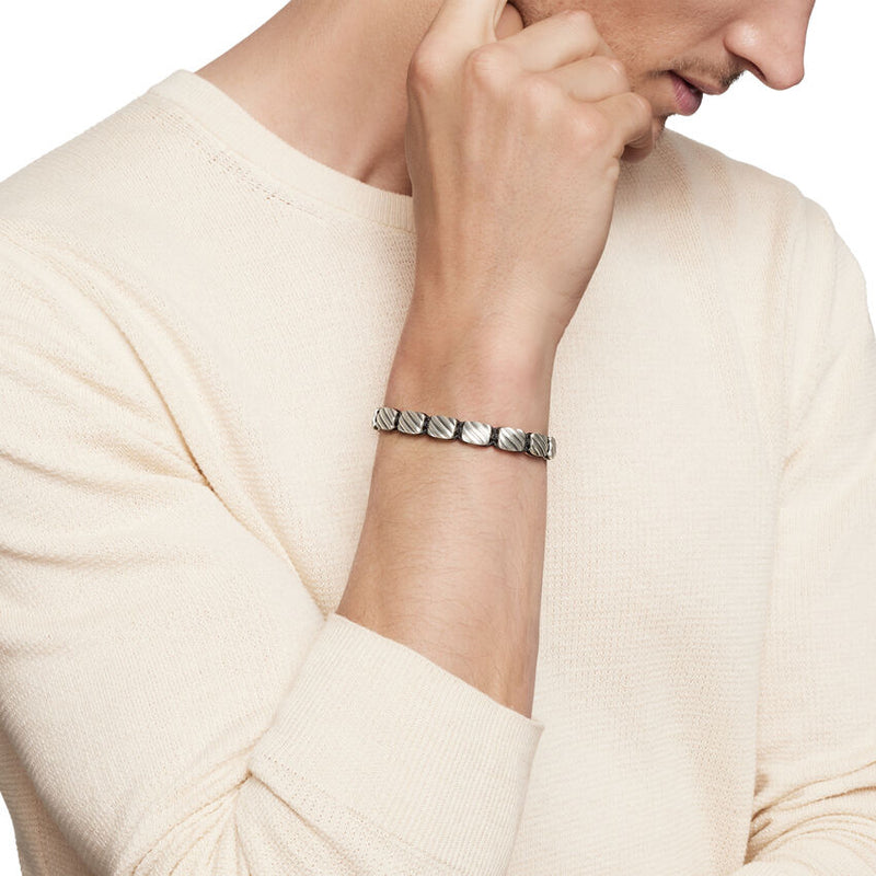 Sculpted Cable Woven Tile Bracelet with Sterling Silver and Black Nylon, 8.5mm