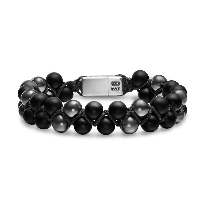 Spiritual Beads Two Row Woven Bracelet with Black Onyx, Hematine, Black Nylon and Sterling Silver, 8mm
