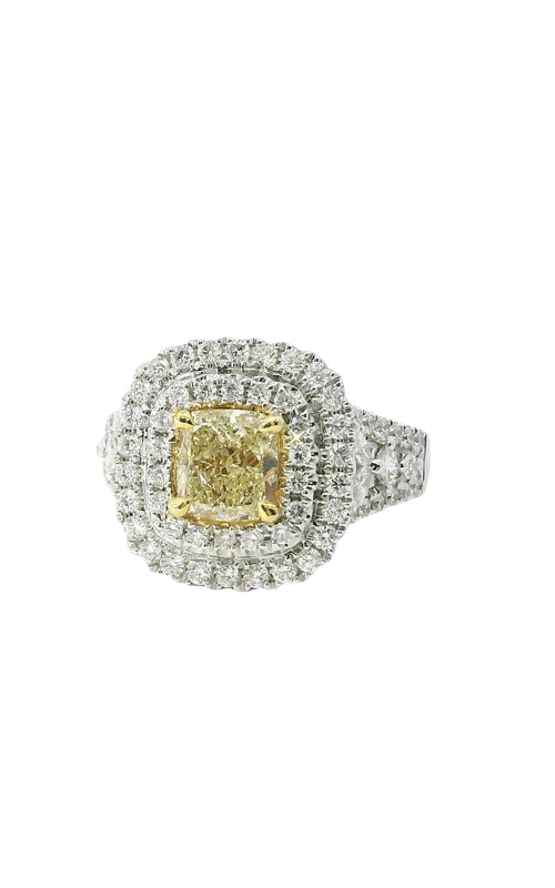 Albert’s 18K White Gold 1.10CT Cushion Fancy Yellow .88CTW Melee Halo Diamond Engagement Ring ER9502-C10