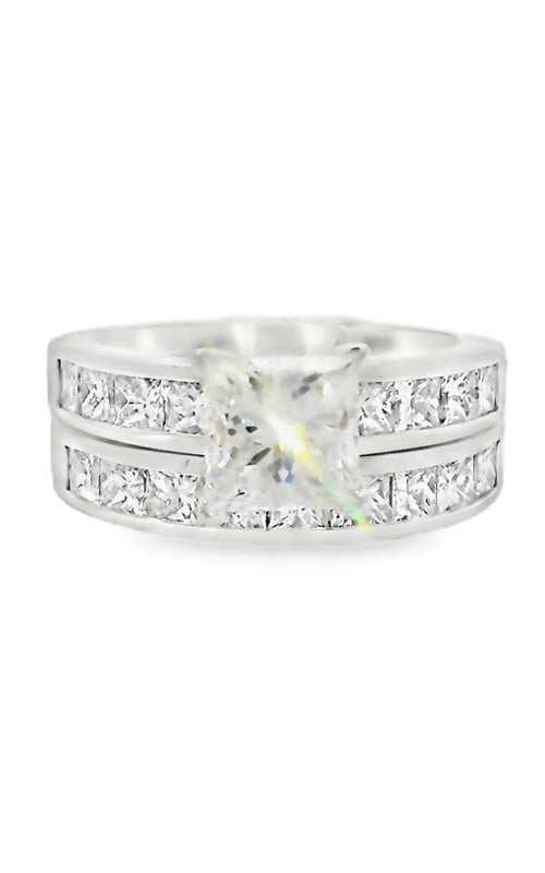 Albert's 14k White Gold 
4ct. Princess Cut Center and Surrounding Diamond Engagement and Wedding Band Set 6138WWB-4
