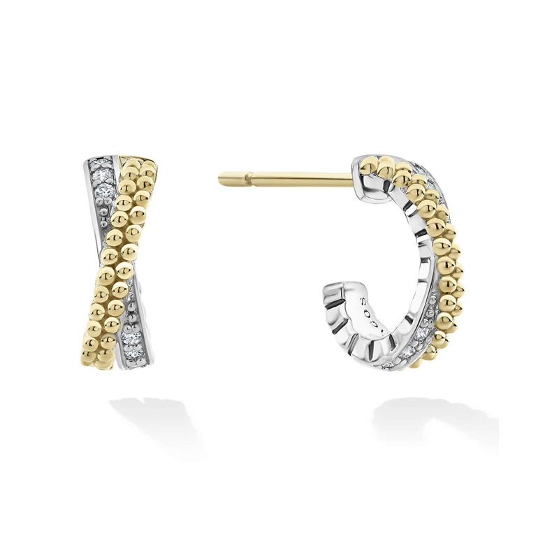 Lagos Sterling Silver and 18k Yellow Gold 13mm Diamond Gold Caviar Lux X Crossover Hoop Earrings 01-81905-DD