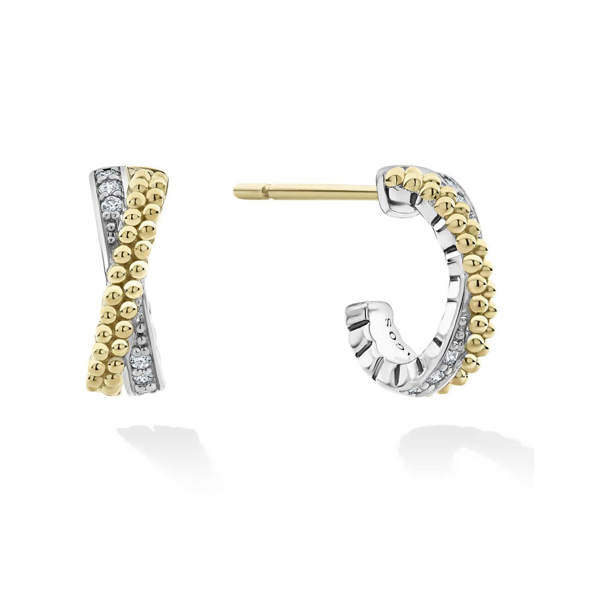 Lagos Sterling Silver and 18k Yellow Gold 13mm Diamond Gold Caviar Lux X Crossover Hoop Earrings 01-81905-DD