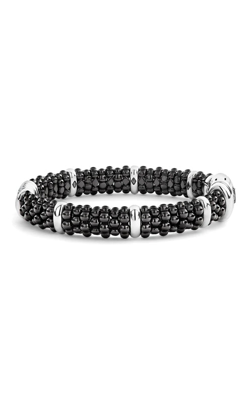 LAGOS Sterling Silver Black Caviar 9mm 7" Diamond Station Bracelet 05-81293-CBM