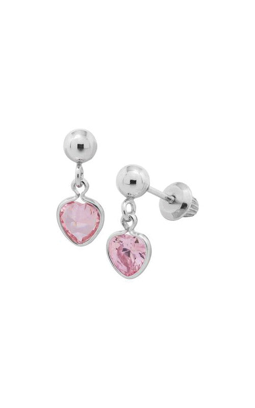Albert's Kids Sterling Silver 4mm Ball Pink CZ Heart Safety Back Drop Earrings ES256