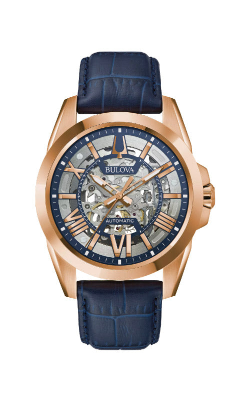 Bulova Sutton Rose Gold Tone Skeleton Dial Mens Watch 97A161