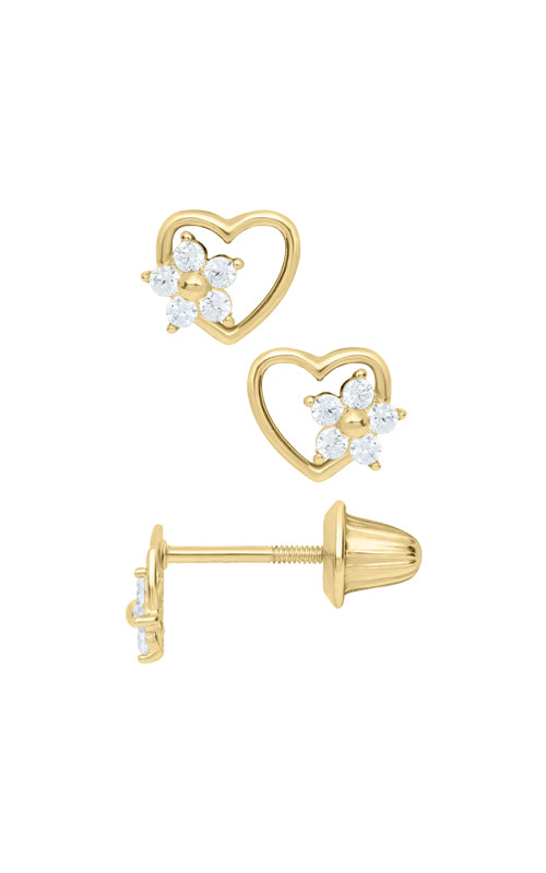 Albert's Kids 14k Yellow Gold Heart CZ Flower Safety Back Stud Earrings GE490