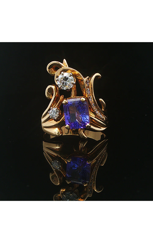 14K Yellow Gold 2.06CT Radiant Tanzanite .40CT Round Diamond .11CT Round I VS2 Diamond  .15CTW Round Diamond Melee Cocktail Ring EDRIN00633