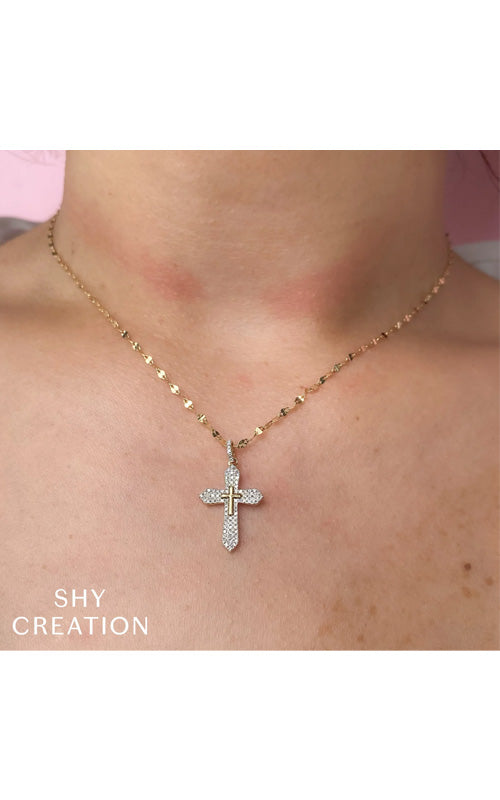 Shy Creation 14k Yellow Gold .17ctw Diamond Pave Cross Necklace SC55026012RD